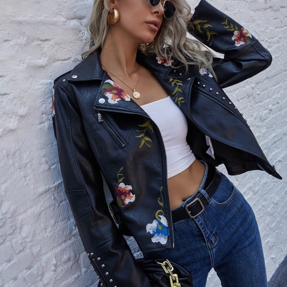Luxe Vegan Leather black Floral embroidered biker moto Jacket